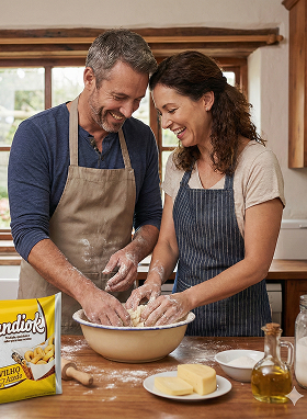 Casal preparando receita com produtos Mandiok